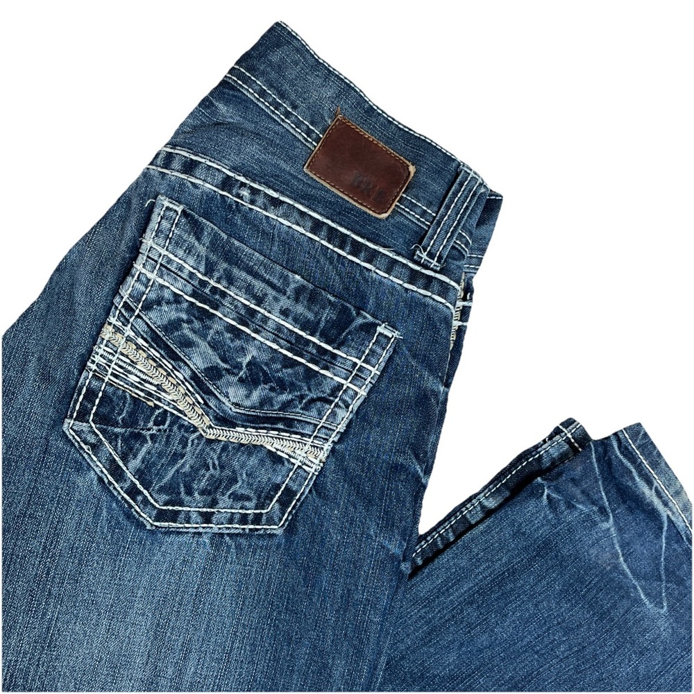 BKE Buckle Justin Mens 28x31 1/2 Distressed Straight Thick Stitch Jeans Jake EUC - Picture 1 of 16